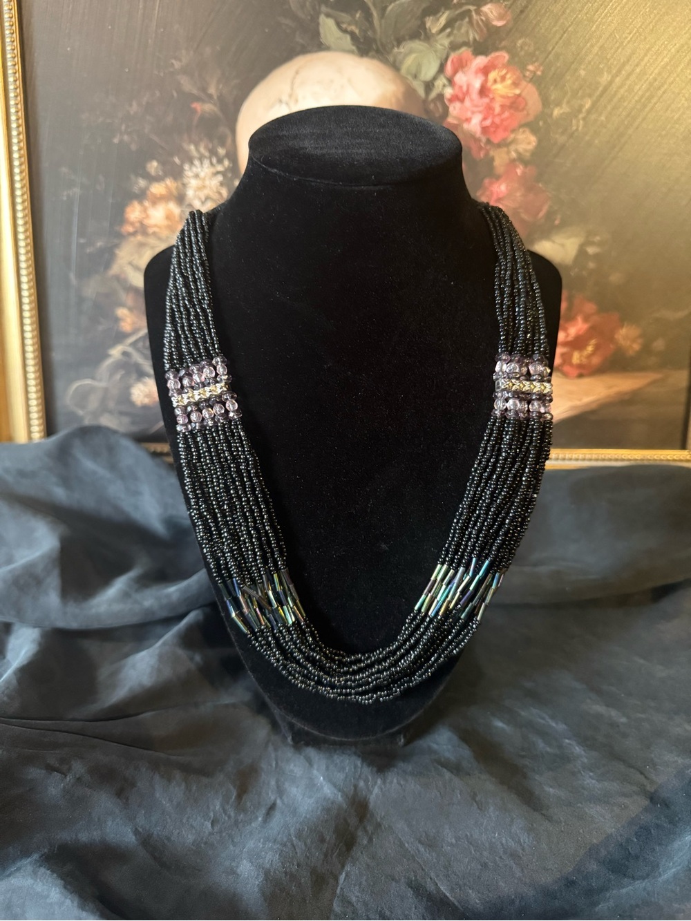 Vintage Elegant Multi-Strand Black Bead Statement Necklace